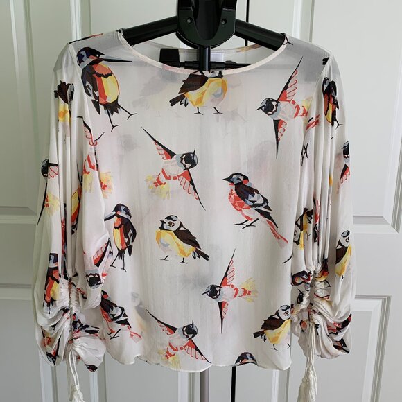 LOVE BINETTI Womens Sz L Geometric bird print Blouse 100% silk - Picture 1 of 14